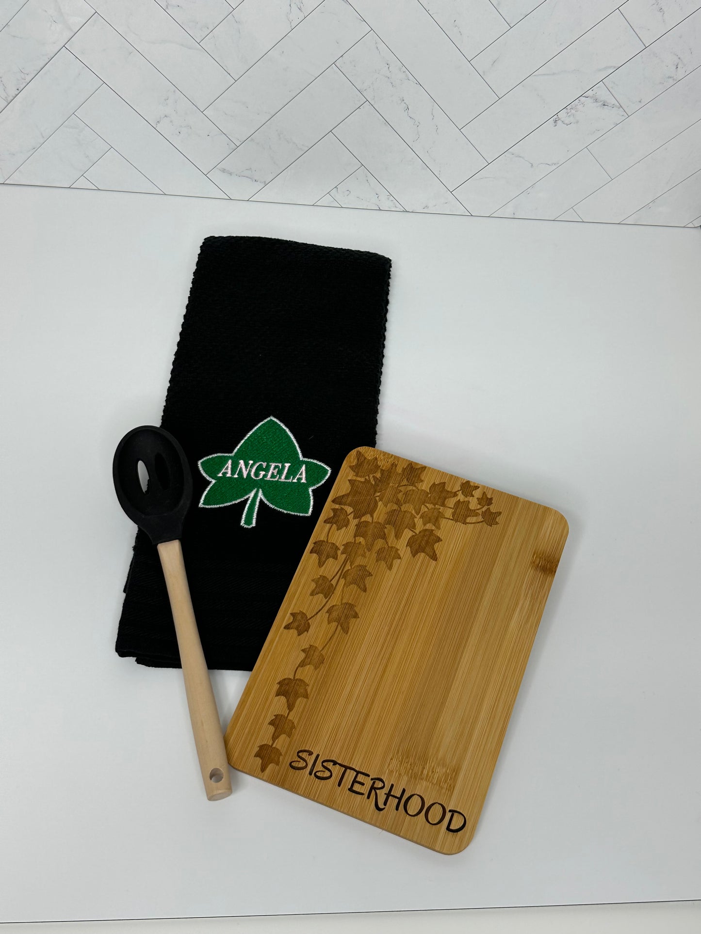 Custom Cutting Board and Kitchen Towel Set with Utensil