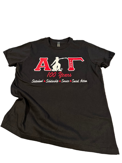 Alpha Gamma 100 Years with Lady of Fortitude Ladies Embroidered T-Shirt
