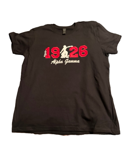 Alpha Gamma 1926 with Lady of Fortitude Ladies Embroidered T-Shirt