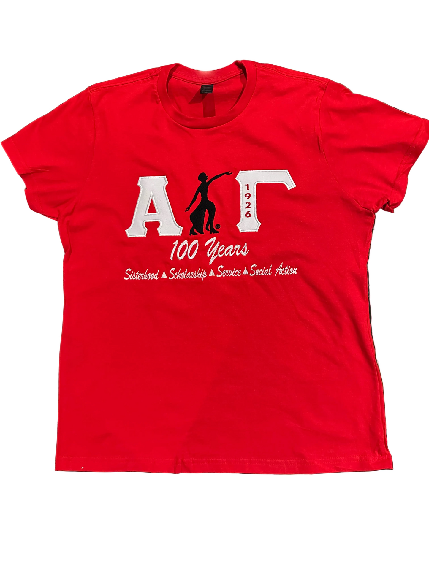 The Official Alpha Gamma 100 Years with Lady of Fortitude Ladies Embroidered T-Shirt
