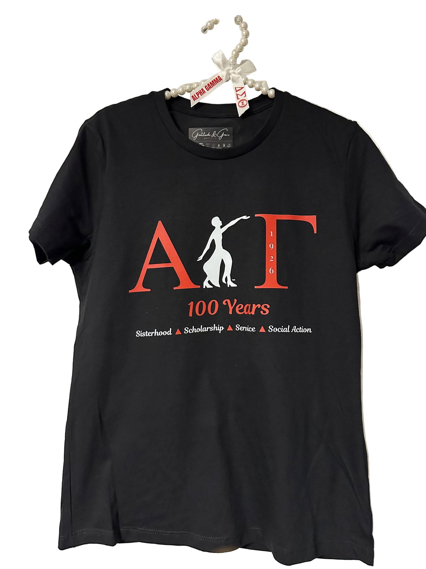 The Official Alpha Gamma 100 Years with Lady of Fortitude Ladies T-Shirt (DTF)