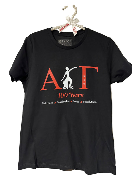 The Official Alpha Gamma 100 Years with Lady of Fortitude Ladies T-Shirt (DTF)