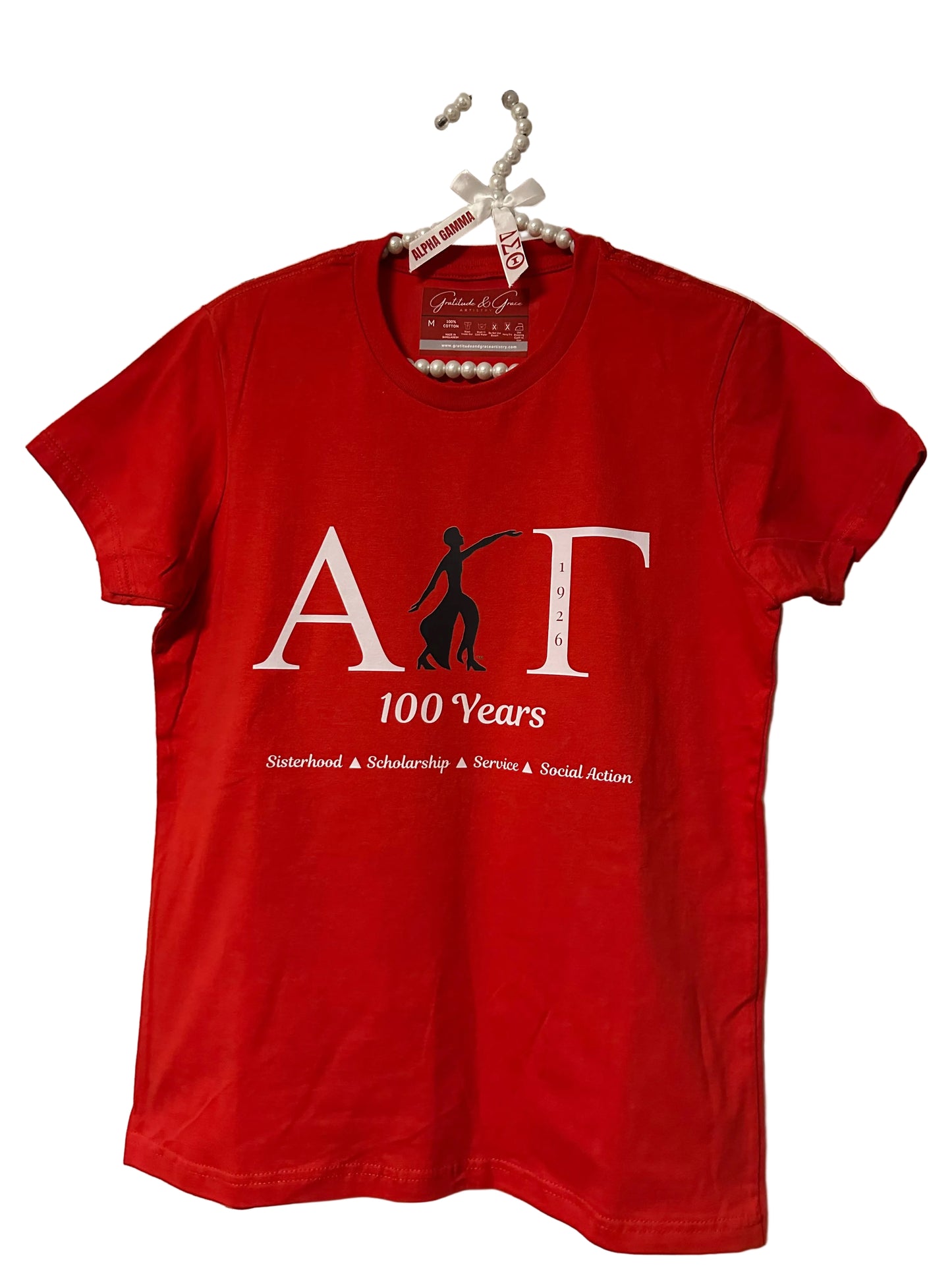 The Official Alpha Gamma 100 Years with Lady of Fortitude Ladies T-Shirt (DTF)