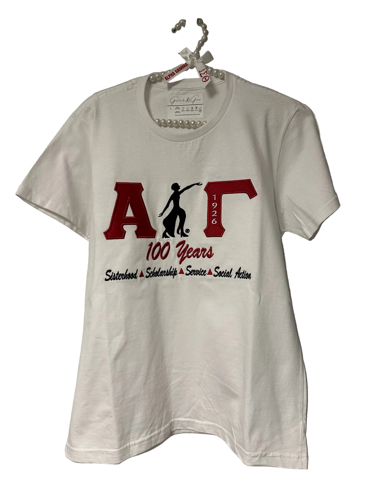 The Official Alpha Gamma 100 Years with Lady of Fortitude Ladies T-Shirt (DTF)