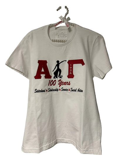 The Official Alpha Gamma 100 Years with Lady of Fortitude Ladies T-Shirt (DTF)